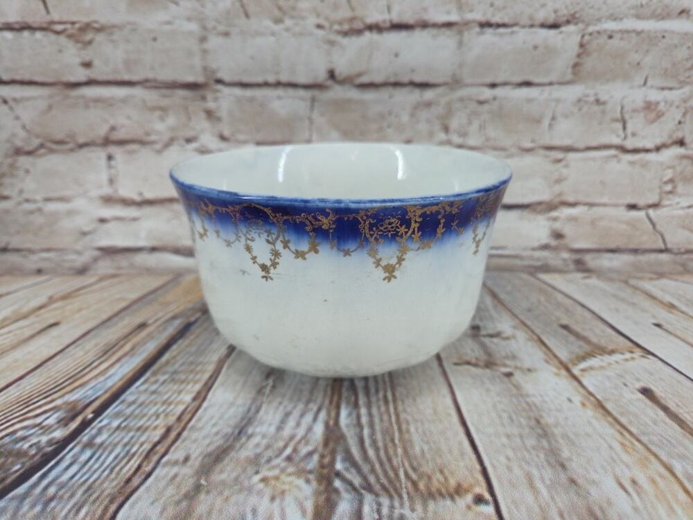 Vintage Antique Flow Blue Gold Trim Planter Bowl